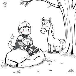 A cute, whimsical scene featuring a cartoonish knight sitting on a large rock, looking content and relaxed