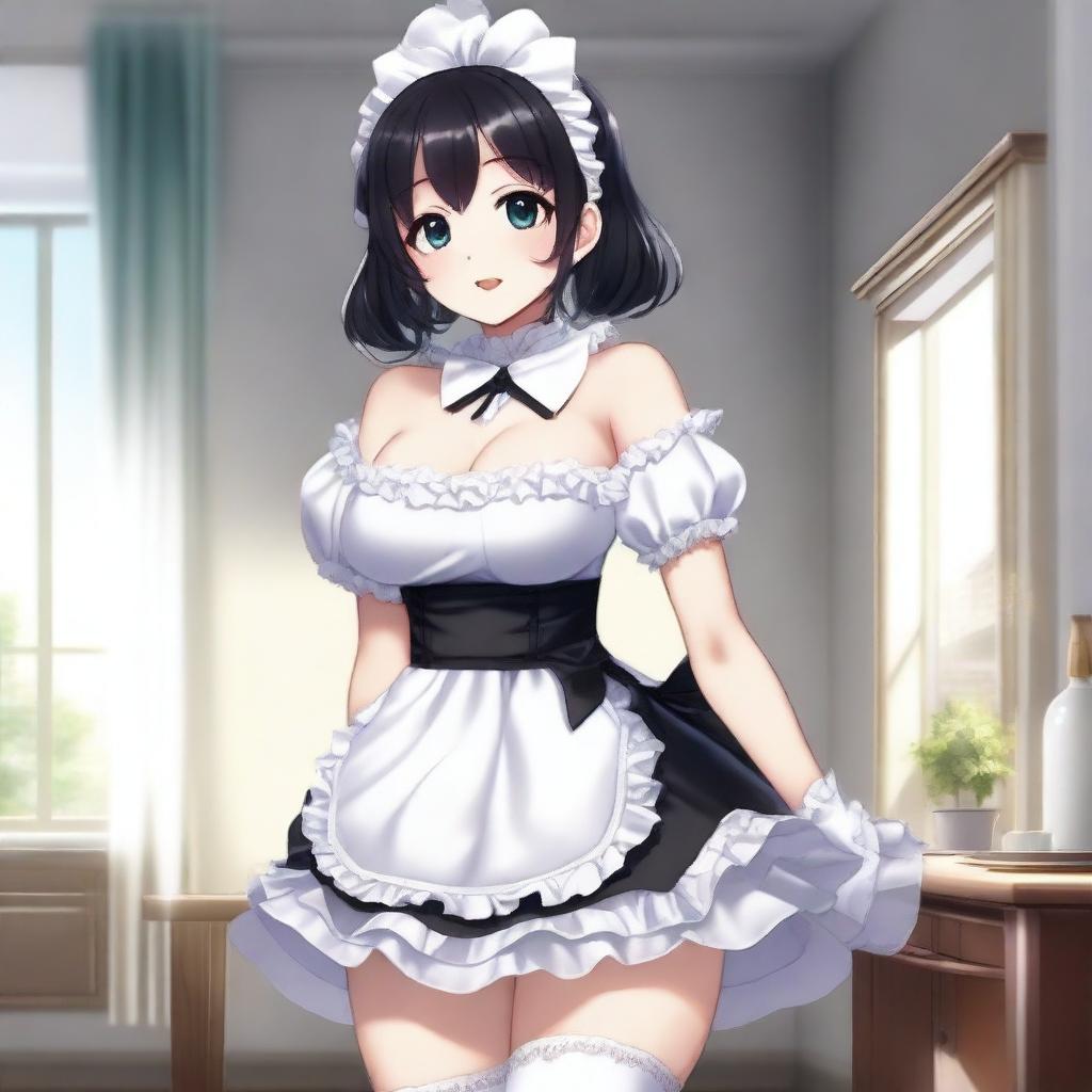 A high-quality digital art presents a full-body image of a cute maid girl