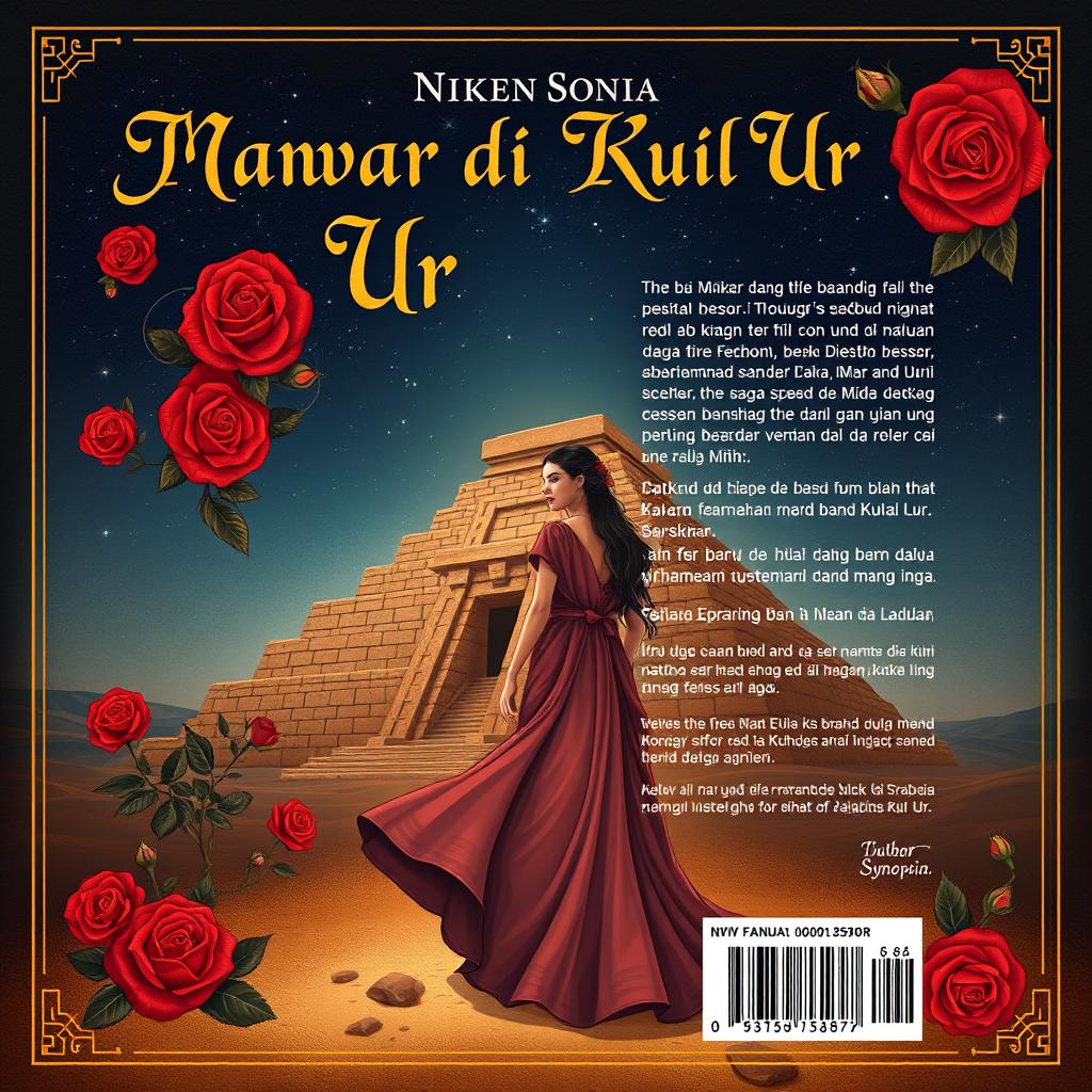 A novel cover design for 'Mawar di Kuil Ur', featuring a captivating illustration set in ancient Mesopotamia