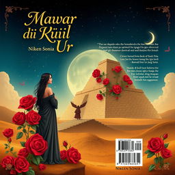A novel cover design for 'Mawar di Kuil Ur', featuring a captivating illustration set in ancient Mesopotamia