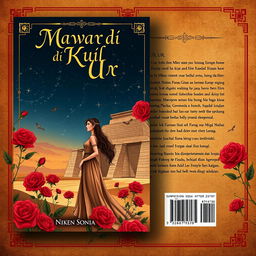 A novel cover design for 'Mawar di Kuil Ur', featuring a captivating illustration set in ancient Mesopotamia