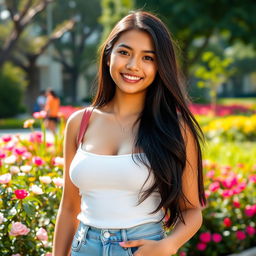 A gorgeous Indonesian university student with prominently large breasts, radiating a flirtatious and fun personality