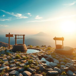 A serene landscape featuring a small area of land with neatly arranged stones, interspersed with scattered green herbs growing between the gaps in the stones