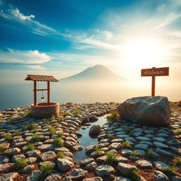 A serene landscape featuring a small area of land with neatly arranged stones, interspersed with scattered green herbs growing between the gaps in the stones