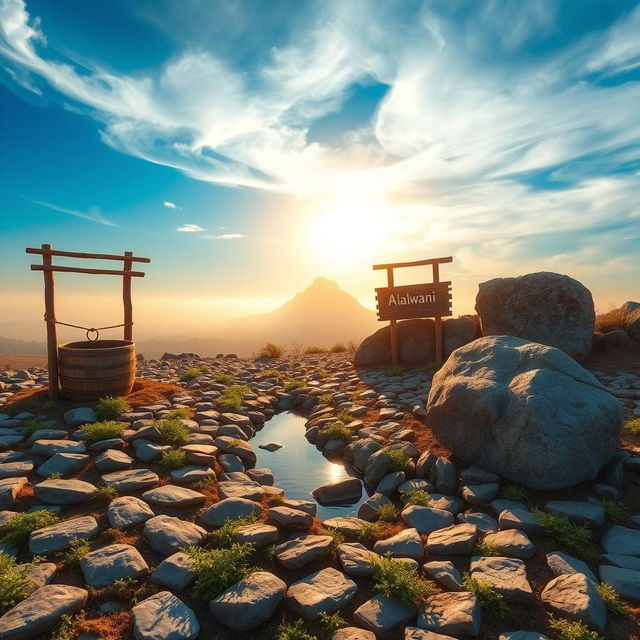 A serene landscape featuring a small area of land with neatly arranged stones, interspersed with scattered green herbs growing between the gaps in the stones