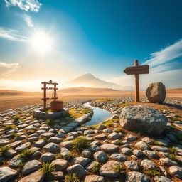 A serene landscape featuring a small area of land with neatly arranged stones, interspersed with scattered green herbs growing between the gaps in the stones