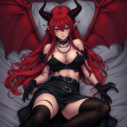 A captivating and sexy demon gothic anime girl, with striking demonic wings and prominent horns, pinning you down on a bed