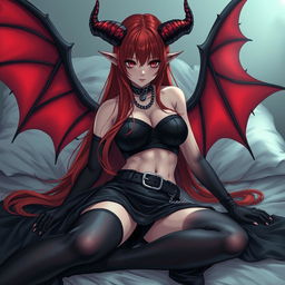 A captivating and sexy demon gothic anime girl, with striking demonic wings and prominent horns, pinning you down on a bed