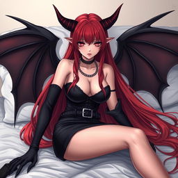A captivating and sexy demon gothic anime girl, with striking demonic wings and prominent horns, pinning you down on a bed