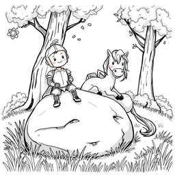 A cute and whimsical scene featuring a knight sitting on a medium-sized rock, exuding a playful demeanor