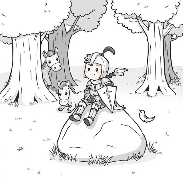 A cute and whimsical scene featuring a knight sitting on a medium-sized rock, exuding a playful demeanor