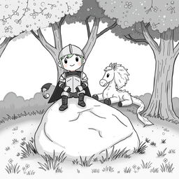 A cute and whimsical scene featuring a knight sitting on a medium-sized rock, exuding a playful demeanor