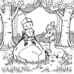 A cute and whimsical scene featuring a knight sitting on a medium-sized rock, exuding a playful demeanor