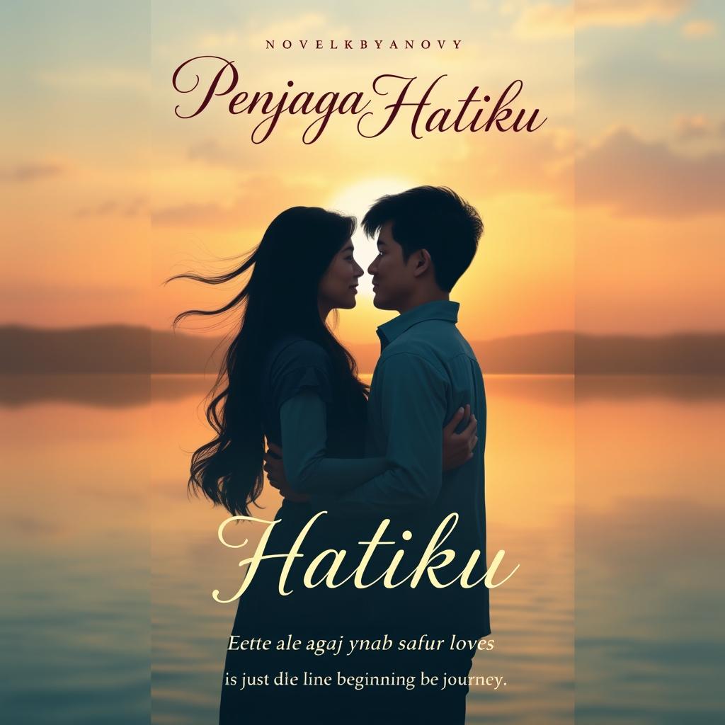 A visually stunning novel cover for a romantic drama titled 'Penjaga Hatiku' (Guardian of My Heart)