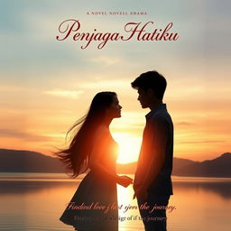 A visually stunning novel cover for a romantic drama titled 'Penjaga Hatiku' (Guardian of My Heart)