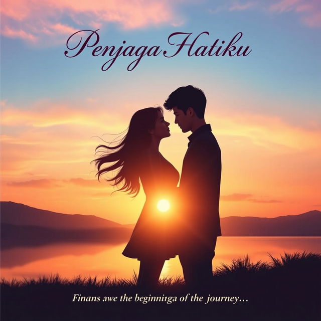 A visually stunning novel cover for a romantic drama titled 'Penjaga Hatiku' (Guardian of My Heart)