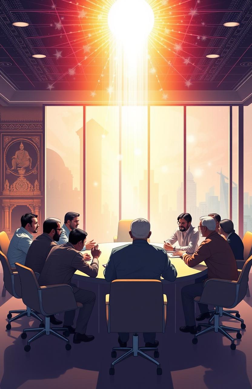 An insightful and visually stunning illustration representing business strategy, leadership, and project management lessons learned from the Bhagavad Gita