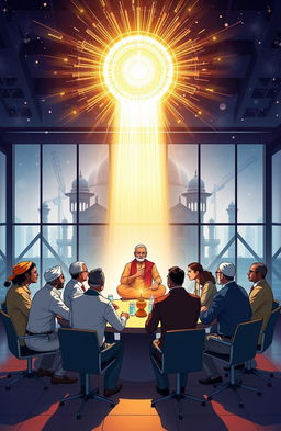 An insightful and visually stunning illustration representing business strategy, leadership, and project management lessons learned from the Bhagavad Gita