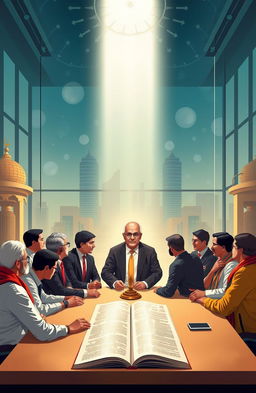An insightful and visually stunning illustration representing business strategy, leadership, and project management lessons learned from the Bhagavad Gita