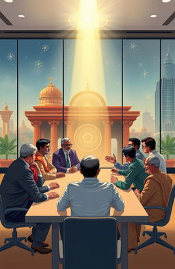 An insightful and visually stunning illustration representing business strategy, leadership, and project management lessons learned from the Bhagavad Gita