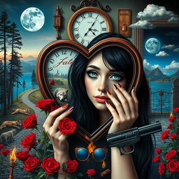 A beautiful, stunning young woman with black hair and crystal blue eyes, crying softly as she gazes through a heart-shaped mirror