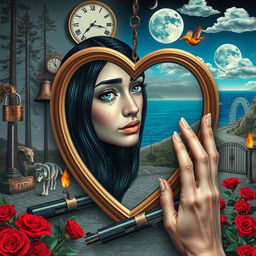 A beautiful, stunning young woman with black hair and crystal blue eyes, crying softly as she gazes through a heart-shaped mirror