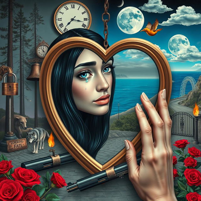 A beautiful, stunning young woman with black hair and crystal blue eyes, crying softly as she gazes through a heart-shaped mirror