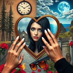 A beautiful, stunning young woman with black hair and crystal blue eyes, crying softly as she gazes through a heart-shaped mirror