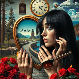 A beautiful, stunning young woman with black hair and crystal blue eyes, crying softly as she gazes through a heart-shaped mirror