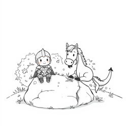 A cute and whimsical scene depicting a small cartoonish knight sitting on a small rock, looking cheerful and relaxed
