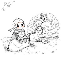 A cute and whimsical scene depicting a small cartoonish knight sitting on a small rock, looking cheerful and relaxed