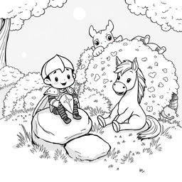 A cute and whimsical scene depicting a small cartoonish knight sitting on a small rock, looking cheerful and relaxed