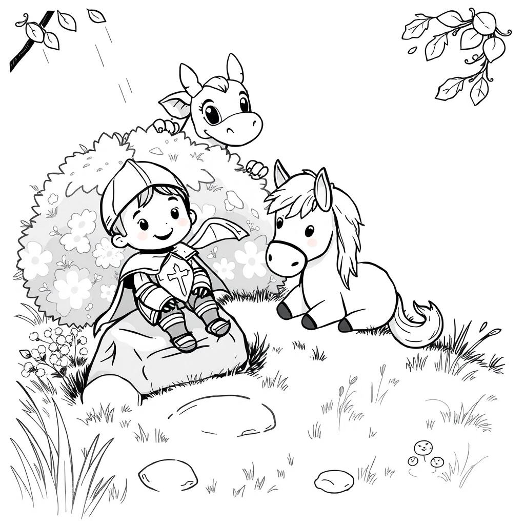 A cute and whimsical scene depicting a small cartoonish knight sitting on a small rock, looking cheerful and relaxed