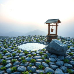 A picturesque scene featuring a short expanse of land with neatly arranged stones, each filled with small gaps where vibrant green herbs grow