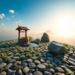 A picturesque scene featuring a short expanse of land with neatly arranged stones, each filled with small gaps where vibrant green herbs grow