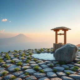 A picturesque scene featuring a short expanse of land with neatly arranged stones, each filled with small gaps where vibrant green herbs grow
