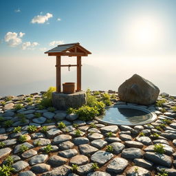 A picturesque scene featuring a short expanse of land with neatly arranged stones, each filled with small gaps where vibrant green herbs grow