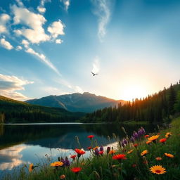 A beautiful landscape of a serene mountain lake surrounded by lush green forests under a clear blue sky with soft white clouds