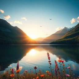 A beautiful landscape of a serene mountain lake surrounded by lush green forests under a clear blue sky with soft white clouds