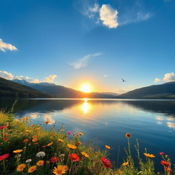 A beautiful landscape of a serene mountain lake surrounded by lush green forests under a clear blue sky with soft white clouds