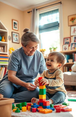 A warm and heartwarming scene depicting a caregiver raising a cheerful young boy in a cozy home environment