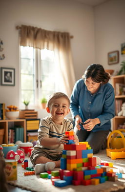 A warm and heartwarming scene depicting a caregiver raising a cheerful young boy in a cozy home environment