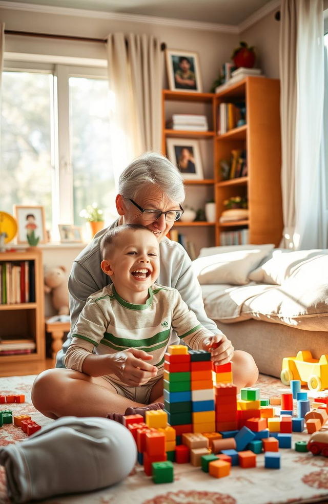 A warm and heartwarming scene depicting a caregiver raising a cheerful young boy in a cozy home environment