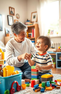 A warm and heartwarming scene depicting a caregiver raising a cheerful young boy in a cozy home environment