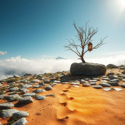 A picturesque landscape featuring a short expanse of land adorned with neatly arranged stones, with gaps filled with scattered herbs intertwined between them