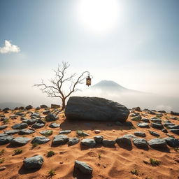A picturesque landscape featuring a short expanse of land adorned with neatly arranged stones, with gaps filled with scattered herbs intertwined between them