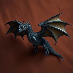 A majestic black dragon with intricate scales and glowing eyes, soaring against a rich chocolate-colored background