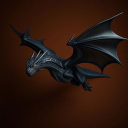 A majestic black dragon with intricate scales and glowing eyes, soaring against a rich chocolate-colored background
