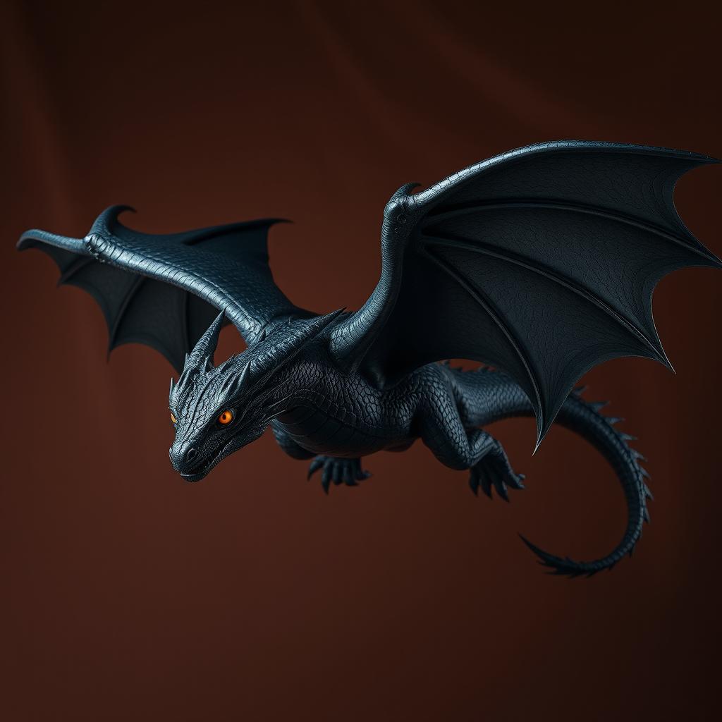 A majestic black dragon with intricate scales and glowing eyes, soaring against a rich chocolate-colored background