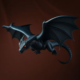 A majestic black dragon with intricate scales and glowing eyes, soaring against a rich chocolate-colored background